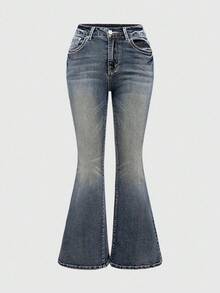 ROMWE Grunge Punk Spring/Summer Plus Size Wing Embroidery & Rhinestone Decor Flare Jeans - Multicolor - View 3
