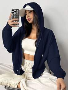 SHEIN EZwear 女式纯色海军蓝长袖连帽针织衫拉链连帽衫秋冬款 - 藏蓝色 - 查看 4