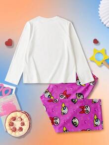 THE POWERPUFF GIRLS X SHEIN Tween Girl Cartoon Blossom, Bubbles, Buttercup Pattern White Casual Versatile Top And Rose Pink Cute Pants Comfortable Autumn/Winter Pajama Set - Pink - View 2