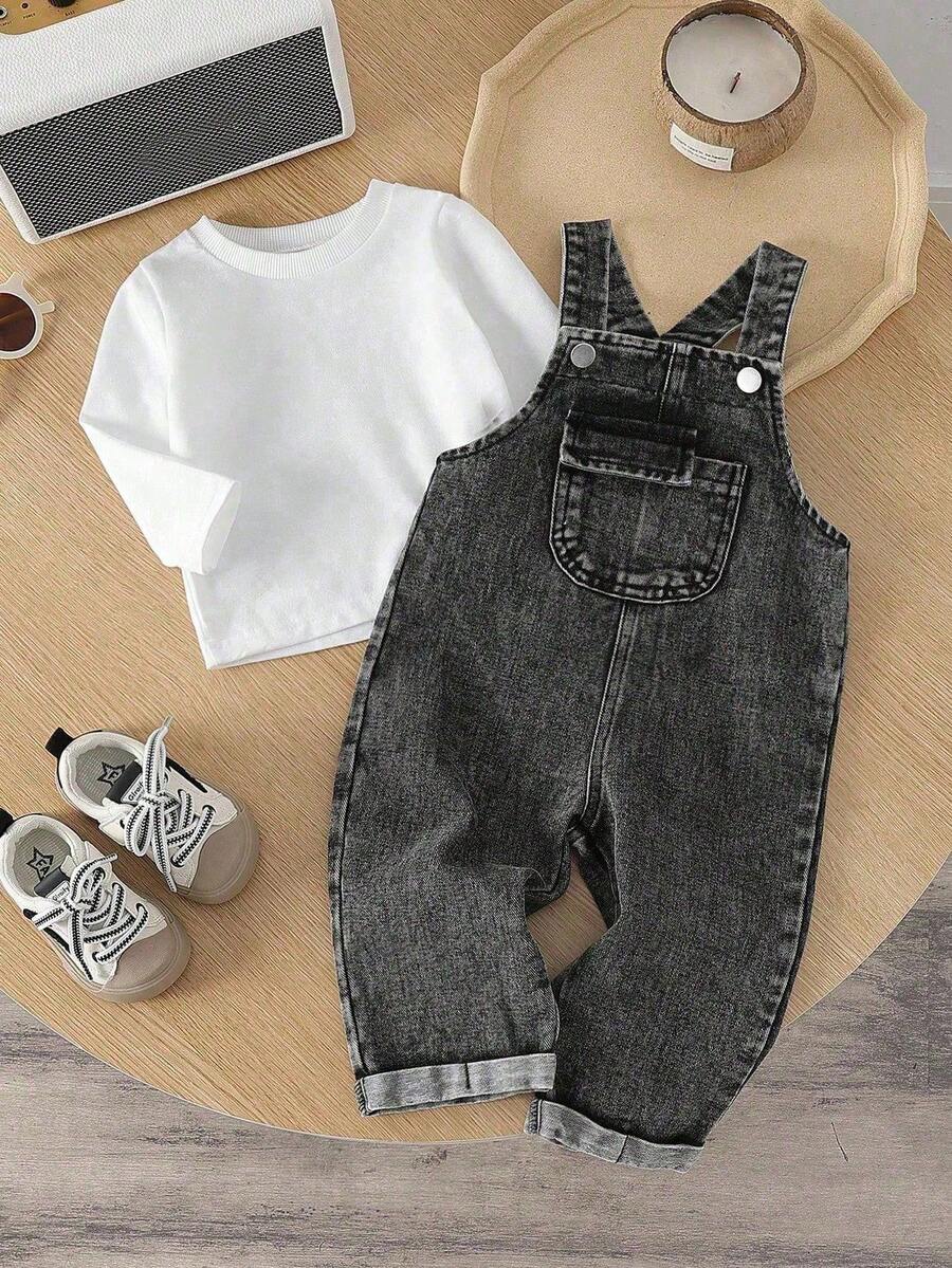 SHEIN Vintaside Kids Baby Boy Casual Denim Bib Pants And Solid Color Round Neck Long Sleeve T-Shirt Set