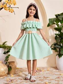 Vestido De Niña Preadolescente Con Hombros Descubiertos, Detalles De Volantes Y Cinturón - verde menta - Ver 5