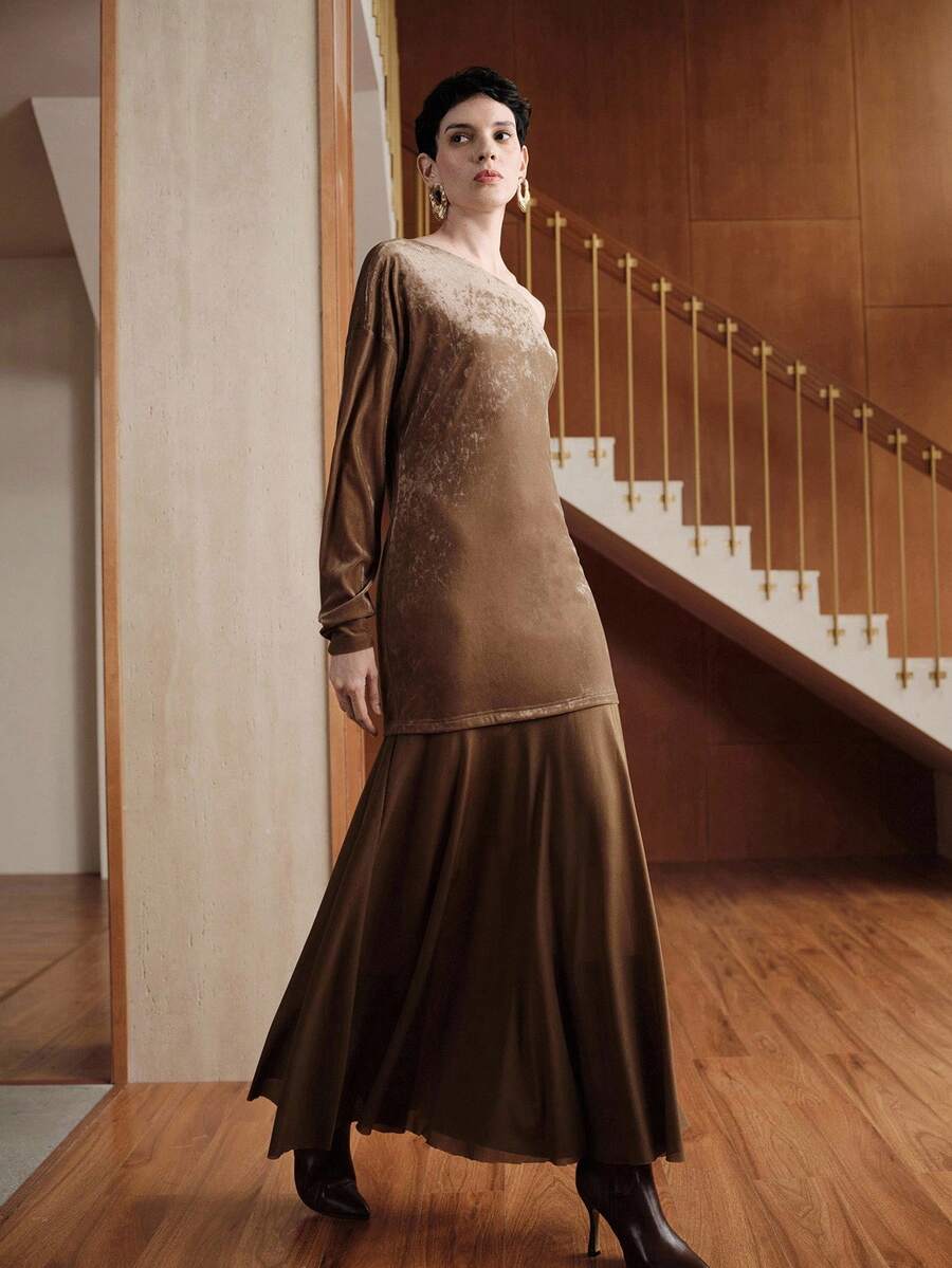 Uhlyne Uhlyne 女士优雅简约通勤休闲插肩袖天鹅绒拼接弹力中长连衣裙,咖啡色,秋冬 - 咖啡 - 查看 1