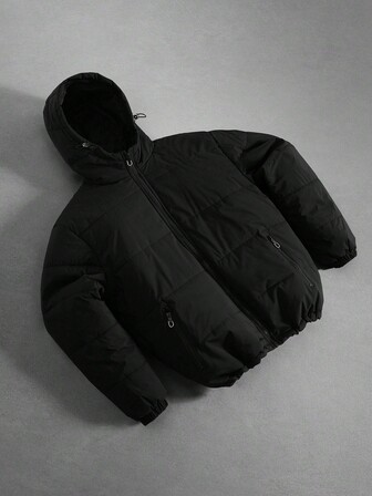 Manfinity Hypemode Men's Solid Color Long Sleeve Zip-Up Casual Hooded Winter Jacket Men Zip Up Hooded Jacket Y2k Winter Apparel, Perfect Gift For Boyfriend, Highly Fashionable For Streetwear, Campus & Halloween