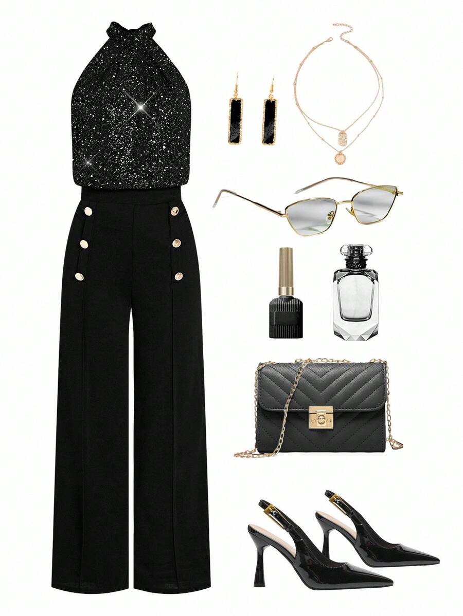 Ellevyn Conjunto elegante de top de tirantes brillante y pantalones de pierna ancha para mujer de talla grande - Negro - Ver 1