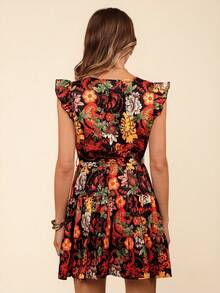 Coeurva 編織印花短袖連衣裙，小飛機圖案，適合度假，女士款 - 彩色 - 查看 3