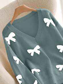 CosyJoli 大码拼色蝴蝶结装饰V领长袖毛衣 - 薄荷綠 - 查看 4