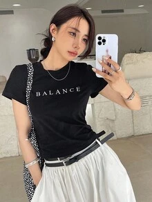 DAZY Áo thun nữ ngắn tay in chữ cho mùa hè - màu đen - Xem 3