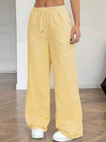 SHEIN 少女蓝白条纹宽松休闲抽绳阔腿裤 - 黃色 - 查看 4