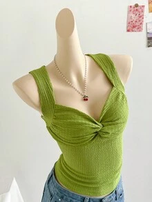 Soleia Women's Solid Color Sweetheart Collar Twist Textured Fabric Fitted Tank Top - Green - View 5