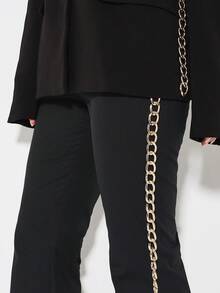 KIZN Chain Detail Flare Trousers High Waist Bell Bottom Pants Disco Party Y2K Aesthetic Clubwear Statement Metallic Gold Hardware Stretch Evening Apparel - Black - View 4