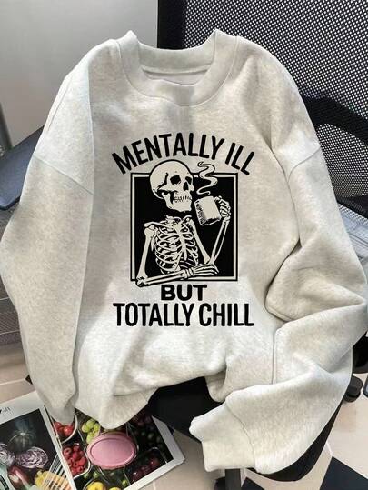 INAWLY 女式休闲宽松标语骷髅印花圆领长袖运动衫，秋冬