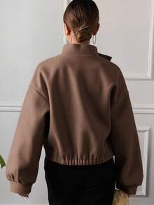 Livesso 女式纯色立领口袋短款夹克，秋季服装 - 咖啡棕 - 查看 2