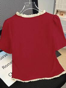 GlowEve Camiseta de manga abullonada con ribete de contraste, casual de verano para mujer - Rojo - Ver 2