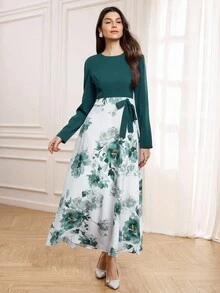 Váy chắp vá khối màu Miaspire dành cho nữ, Đầm dài in hoa thanh lịch cho mùa thu - Nhiều màu - Xem 4