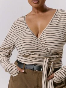 MUSERA Top à manches longues avec enroulement et décolleté plongeant, grande taille. Automne, hiver, mignon, quotidien, décontracté, club café courbe automne hiver automne Noël