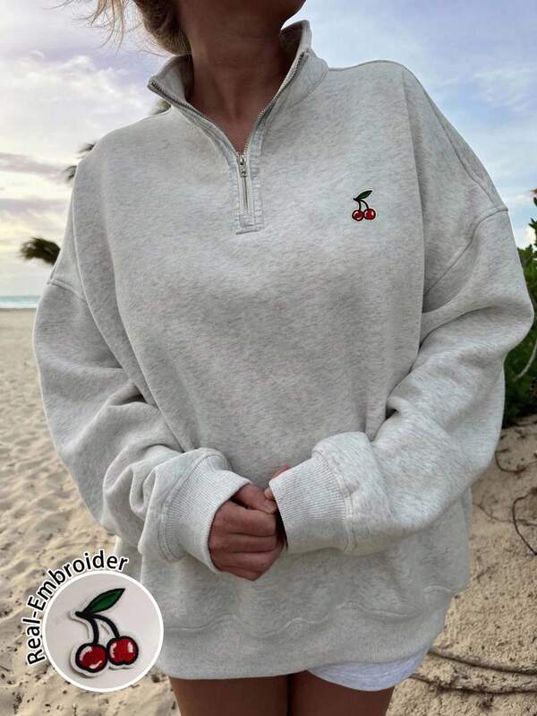 Veykashi sweat-shirt à capuche ample avec motif de cerise brodé, style décontracté et mignon. Convient pour l'automne/l'hiver, style universitaire pour la rentrée scolaire