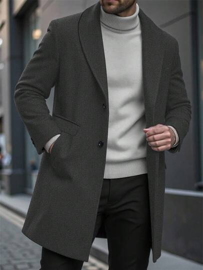 Manfinity Homme Men's Solid Color Pocket & Button Front Long Sleeve Overcoat, Autumn Fall, Winter