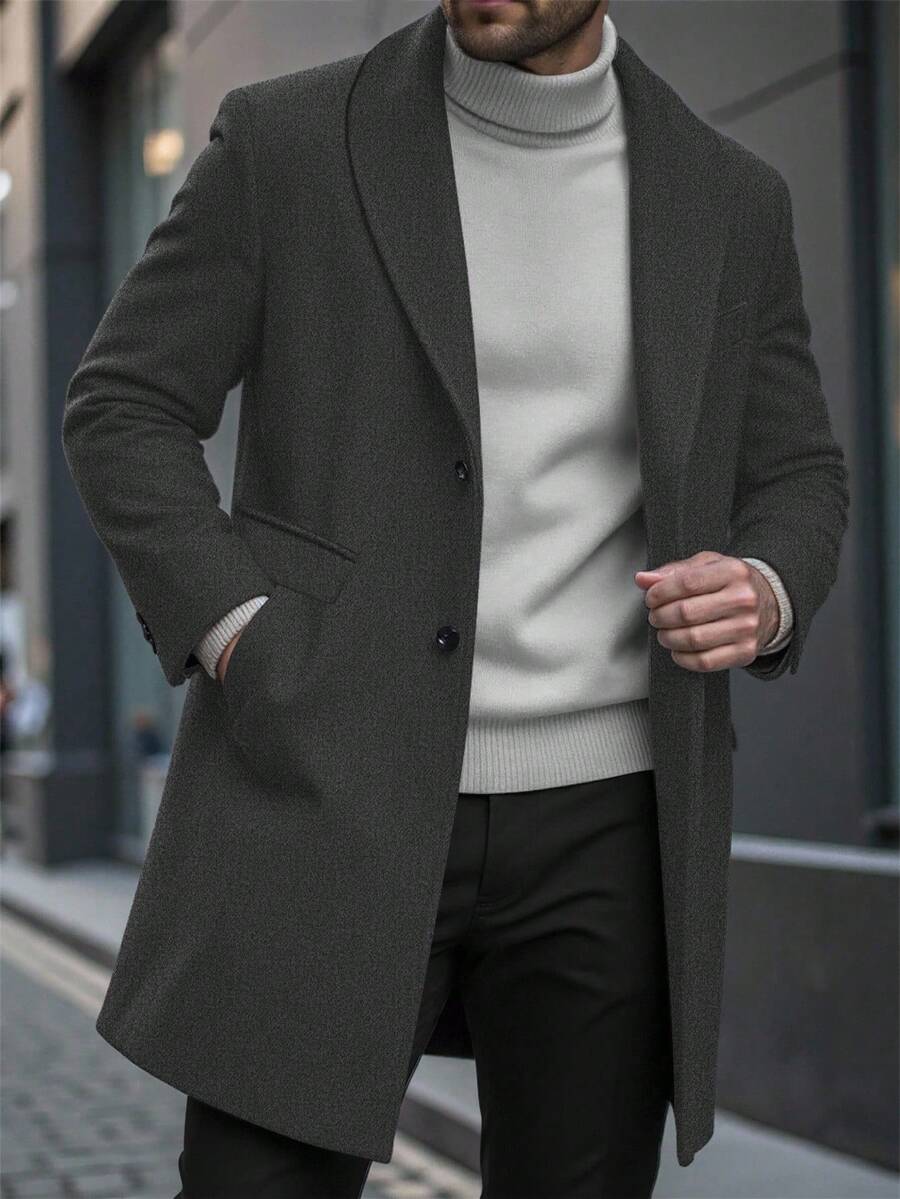 Manfinity Homme 男士纯色口袋纽扣长袖大衣,秋冬款 - 深灰色 - 查看 1