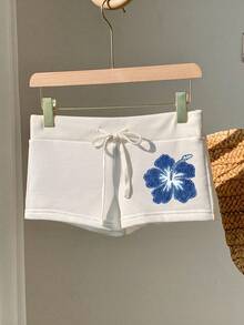 Comfortcana Casual Minimalist Faux Applique Print Pattern Black Drawstring Slim Fit Shorts - White - View 4