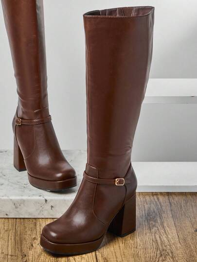 SHUZIA Women's Brown Stylish & Comfortable Block Heel Knee-High Boots With Metal Buckle Decor For Christmas Valentine's Day