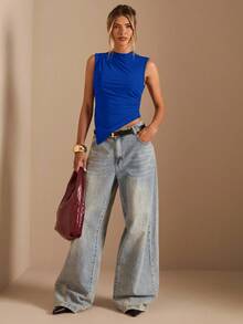 SHEIN BAE Top de tirantes con pliegues y bajo asimétrico en color liso para mujer, informal - azul real - Ver 3