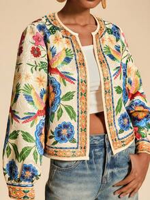 Travachic Floral Print Casual Jacket With Open Front For Women, Vacation Wear,Fall Winter Clothes, New Year Look, Summer Jackets For Women, Thanksgiving Outfits, Casual Outfits