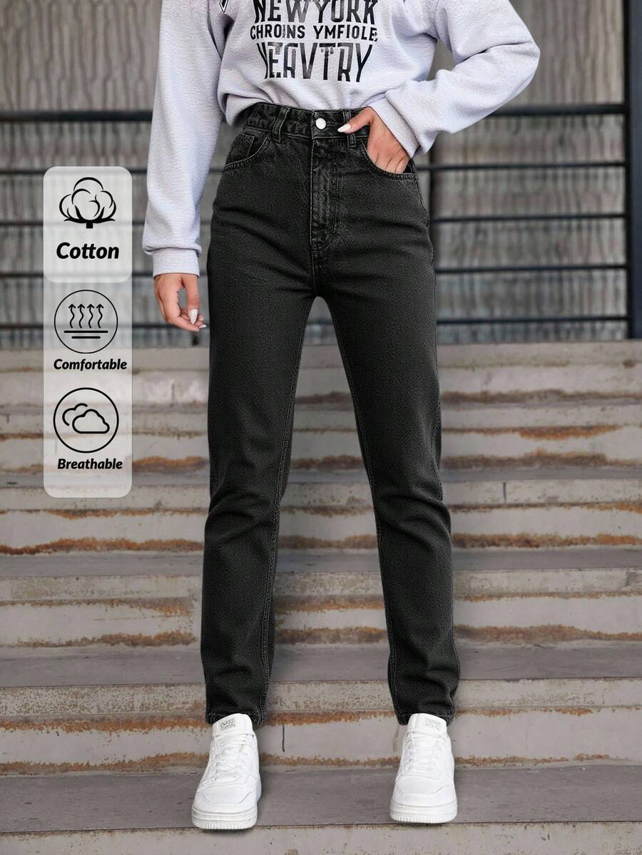 EURMUSE High Waist Straight Leg Denim Jeans - Dark Grey - View 1