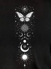 SHEIN Essnce 休闲简约蝴蝶、星星、月亮印花落肩长袖T恤女款，适合秋冬季 - 黑色 - 查看 3