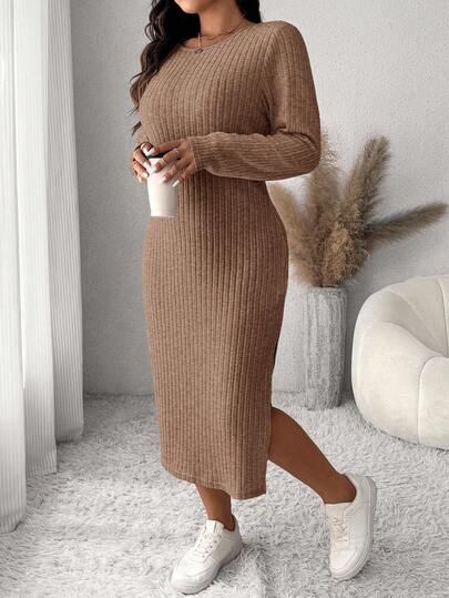 SHEIN Frenchy Plus Size Casual Solid Color Side Slit Dress