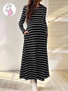 SHEIN 孕妇休闲条纹圆领长袖T恤连衣裙，秋季 - 黑色 - 查看 7