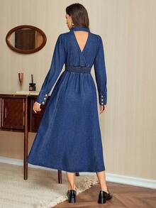 Vintamour Women's Fashion Casual Turndown Collar Waist Denim Dress Denim Dress With Buttons Blue Denim Dress Collared Denim Dress Denim Midi Dress Long Sleeve Denim Dress Fall Clothes For Women Fall Outfits For Womenelegant Dresses For Women Prom Dress Party Dresses For Women Dresses For Women Party Formal Dresses Going Out Dress Christmas Dress