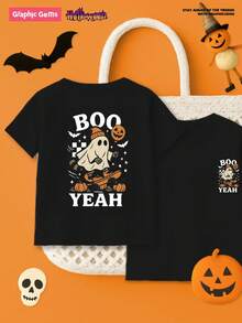 Kleine Jungen Lässig Fashion kreative Buchstaben, Kürbis, Skateboard Grafik Muster Halloween Cartoon Waschbär Muster lustiges Kurzarm Rundhals T-Shirt, geeignet für Feiertage und den täglichen Gebrauch, für Halloween Party
