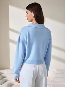 CLARA VERO Modern Frost Double-Breasted Knit Cardigan In Baby Blue With Retro Collar And Ribbed Hems,Cardigans,Long Cardigans Woman,Petite,Tall - Baby Blue - View 2