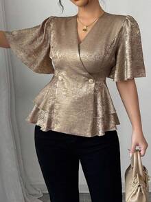 Elenzga 大码女式优雅十字交叉金属面料荷叶边袖修身休闲衬衫，百搭设计，适合通勤、派对、婚礼 - 金色 - 查看 4