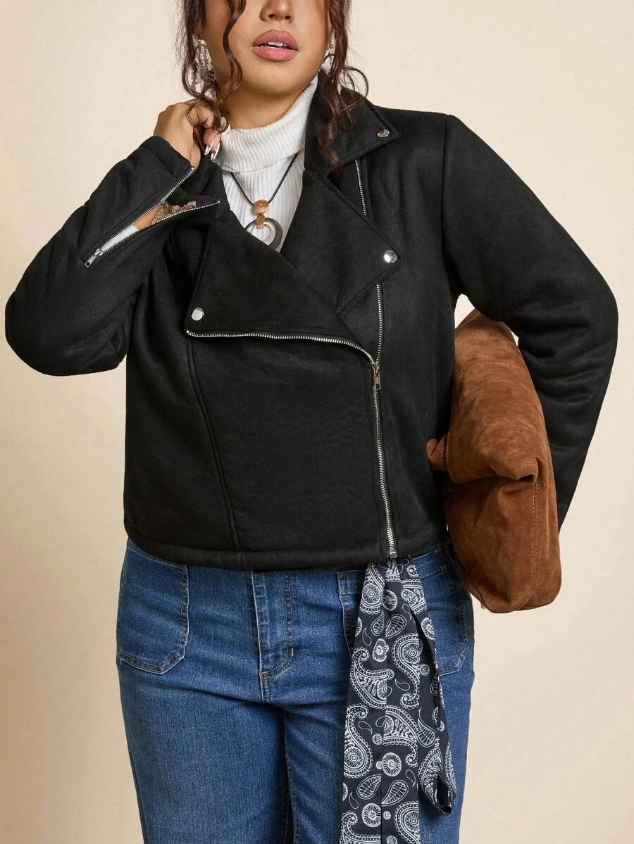 Freevana 加大码休闲纯色翻领夹克,秋季双层羊毛保暖秋冬冬季棉服外套冬季外套,时尚日常穿着,办公室穿着,复古款,日常休闲假日黑色加大码夹克女式夹克超大夹克加大码外套绒面革夹克 - 黑色 - 查看 1
