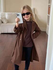 SHEIN Young Girl Woven Double-Breasted Lapel Loose Long Frenchy Windbreaker, Parka Jacket, Trench Coat,Casual Military Style, Suitable For Commuting And Outdoor Wear,Suitable For Commuting And Outdoor Wear,Spring/Summer/Autumn/Winter,Y2k Outfits For Girls Girls Metallic Jacket Girls Y2k Outfits Y2k Jacket Silver Jacket Kids Baddie Outfits Young Girl Outfits,For Halloween.Back To School Seasom.,Mommy & Sister & Me Matching. Fall - Brown - View 8