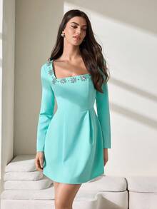 CLARA VERO Rhinstone Embellishment Detailed Square Neck Long Sleeve Princess Shape Elegant Short Dress - Mint Green - View 4