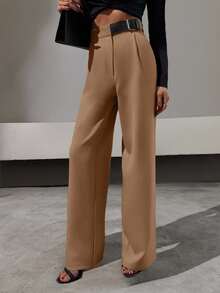 EURMUSE Elegant Style, Half Faux Leather Belt Detailed Straight Fit Pant - Mocha Brown - View 4