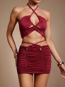 Hauture Women's Solid Color Ruched Hollow Out Fashion Design Skirt - Burgundy - View 1