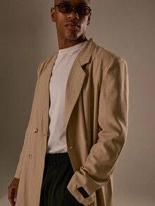 Musero Oversized Pinstripe 3D Embroidery Patch Overcoat Jacket Padded Shoulders Detailing Fall/Autumn Winter