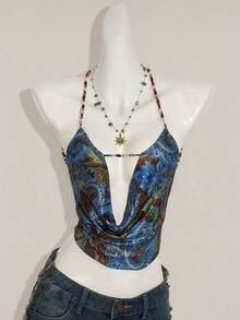 SHEIN ICON Women's Bohemian Style Floral Print Beaded Halter Backless Sexy Camisole