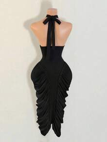 Mistrie Rochie Midi elegantă de vară vintage, fără mâneci, cu guler înalt, cu halter în contrast, cu talie plisată, mulată, pentru femei - Negru - Vizualizare 2