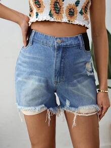 SHEIN Maternity Denim Shorts, Casual Slim Fit Ripped Blue Shorts - Blue - View 4