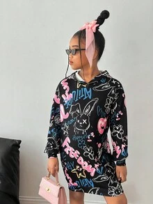 SHEIN 少女休闲宽松舒适字母图案卫衣，中长款，秋冬款 - 黑色 - 查看 3