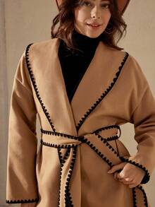 Wildy 女士休闲撞色人字纹长袖羊毛大衣配腰带秋冬女装 - 摩卡棕 - 查看 7