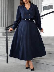 Ellevyn Plus Size Women's Turndown Collar Long Sleeve Dress, Navy Blue Dress, Elegant Dress, Casual Dress, Versatile Dress, Office Commute Dress, Business Dress