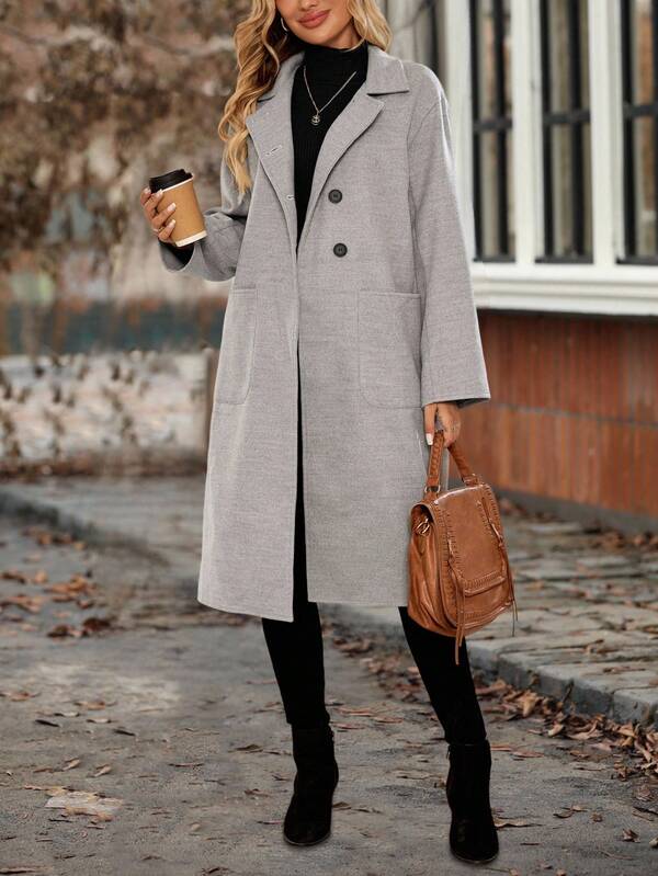 EMERY ROSE Women's Solid Color Long Sleeve Single-Breasted Dual Pocket Casual Long Overcoat Autumn Winter Clothes For Women