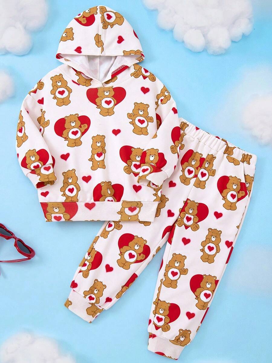 SHEIN X Care Bears Young Girl Oversized Heart & Cartoon Brown Bear Allover Print Loose Raglan Hoodie Sweatshirt & Pants Set, Autumn/Winter - Apricot - View 1