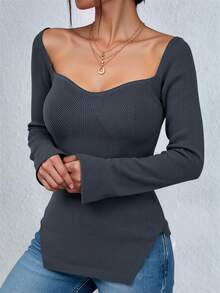 EURMUSE Sweetheart Neck Split Hem Ribbed Knit Sweater - Camel - View 4