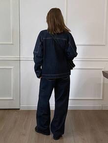 Livesso 女士休闲翻领宽松上衣和阔腿牛仔裤套装，秋季 - 藍色 - 查看 2